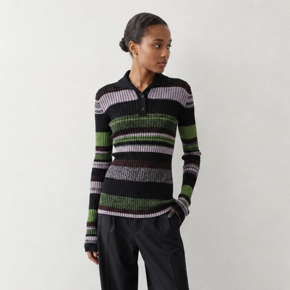 Ganni Button-Front Striped Ribbed-Knit Polo Long Sweater, size XS